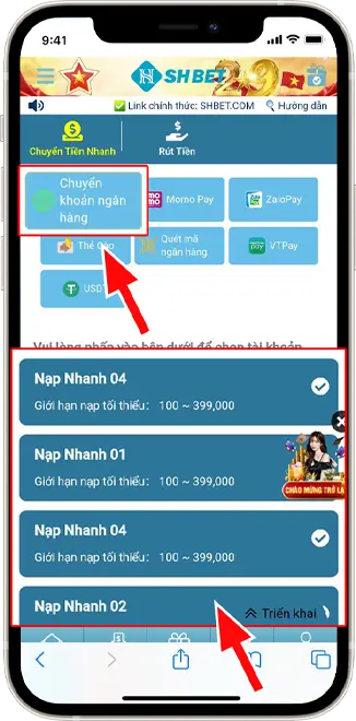 Bước 2: Chọn CHUYỂN KHOẢN NGÂN HÀNG → Lựa chọn cổng nạp bất kỳ bên dưới